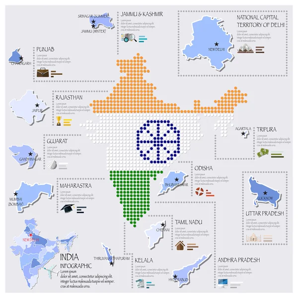 Mapa de punto y bandera de la India Infografía Diseño — Archivo Imágenes Vectoriales