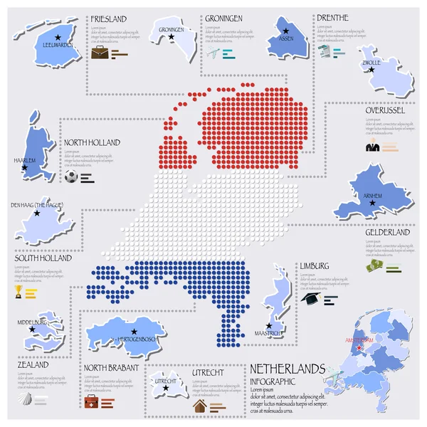 Mapa de puntos y bandera de los Países Bajos Infografía Diseño — Vector de stock