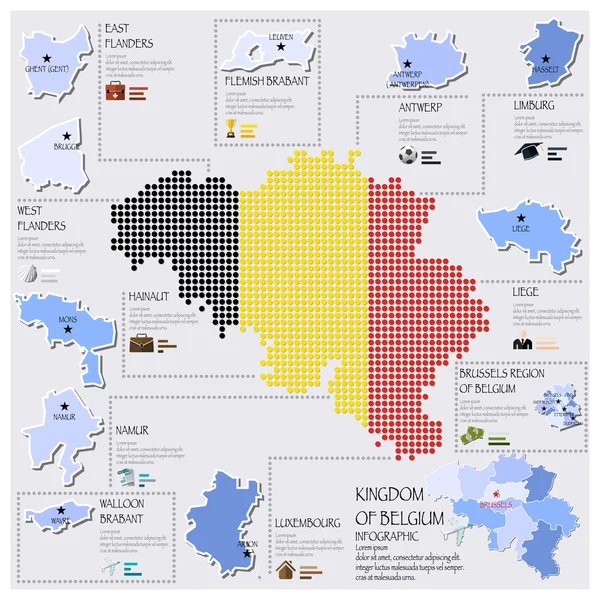 Κουκκίδα και σημαία χάρτη του Βελγίου infographic σχεδιασμού — 图库矢量图片