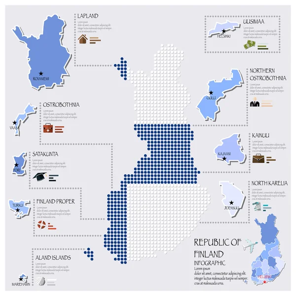 Mapa de ponto e bandeira do design infográfico da Finlândia — Vetor de Stock