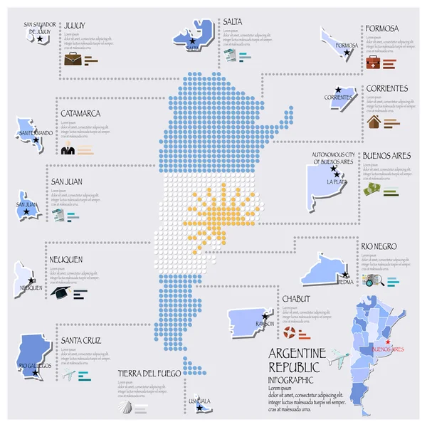 Mapa de punto y bandera de Argentina Infografía Diseño — Archivo Imágenes Vectoriales