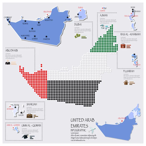 Mapa de puntos y banderas de Emiratos Árabes Unidos Diseño Infográfico — Archivo Imágenes Vectoriales