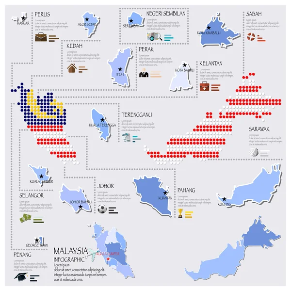 Mapa de ponto e bandeira do design infográfico da Malásia — Vetor de Stock