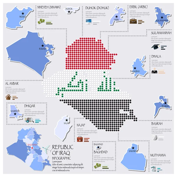 Mapa de puntos y banderas de la República de Irak Infografía — Archivo Imágenes Vectoriales