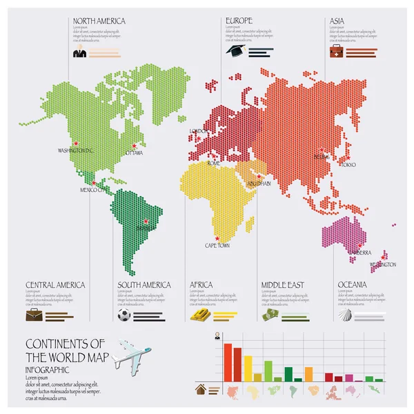 Dot Continente del Mondo Mappa Infografica — Vettoriale Stock