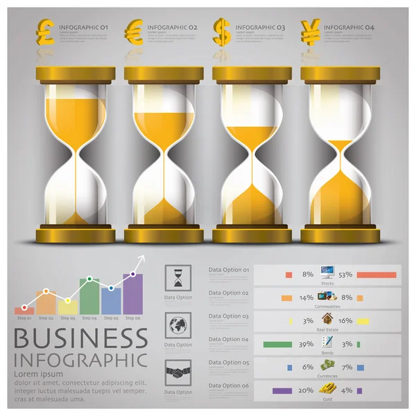 Infografía del dinero del vidrio de arena y del negocio financiero — Vector de stock