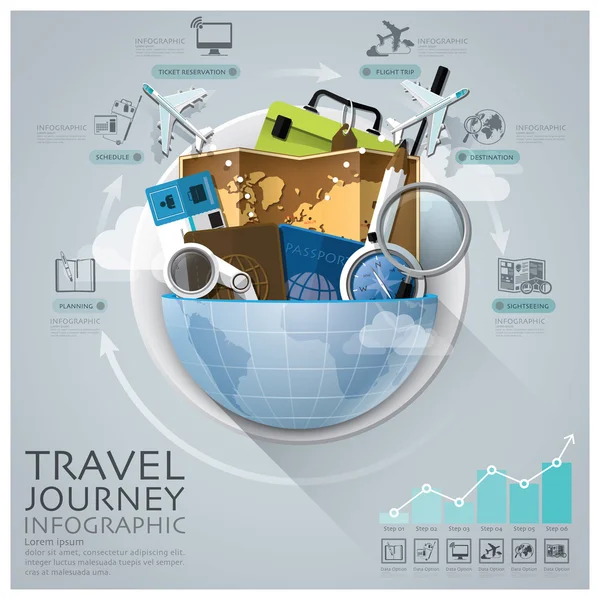 Küresel seyahat ve yolculuk Infographic yuvarlak daire diyagram ile — Stok Vektör