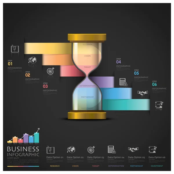 Dinheiro Sandglass e Escadaria de Negócios Financeiros Passo Infographi — Vetor de Stock