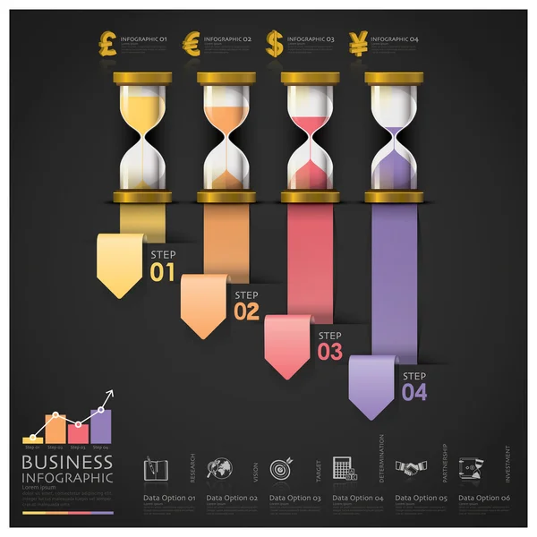 Sandglass Money And Financial Business Staircase Step Infographi — Stock Vector