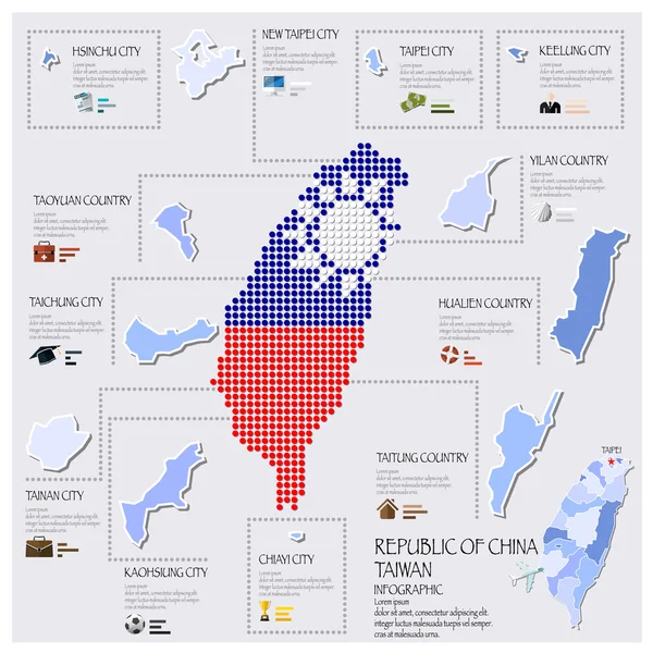 Mapa de punto y bandera de Taiwán República de China Infografía Diseño — Archivo Imágenes Vectoriales