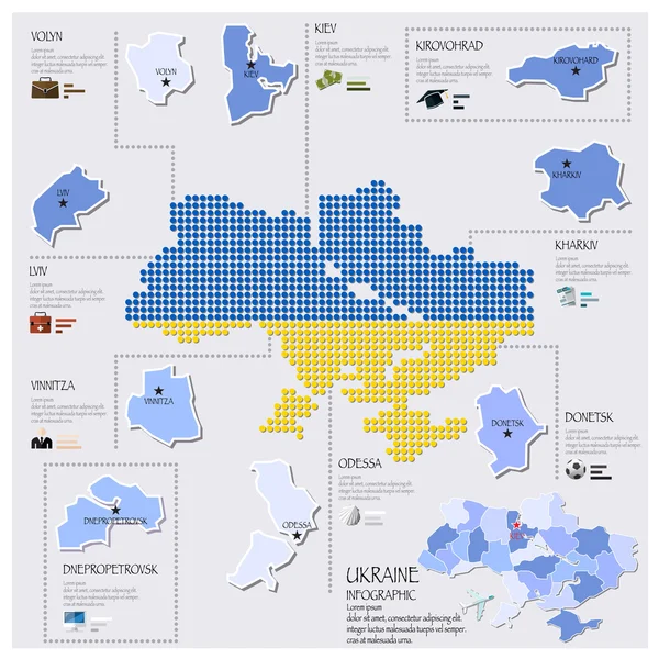 Tečka a vlajky mapa Ukrajiny Infographic designu — Stockový vektor