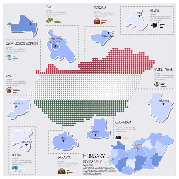 Mapa do ponto e da bandeira do projeto infográfico de Hungria — Vetor de Stock