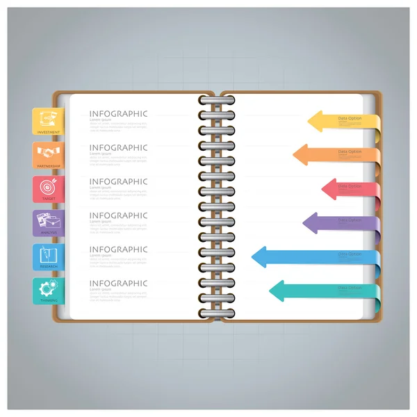 Business-Infografik mit Ring Notizbuch Pfeil Lesezeichen-Diagramm — Stockvektor