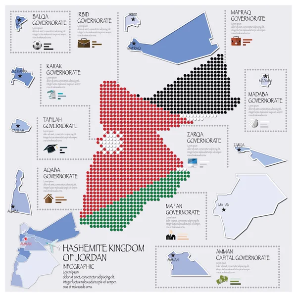 Mapa de puntos y banderas del Reino Hachemita de Jordania Infografía — Archivo Imágenes Vectoriales