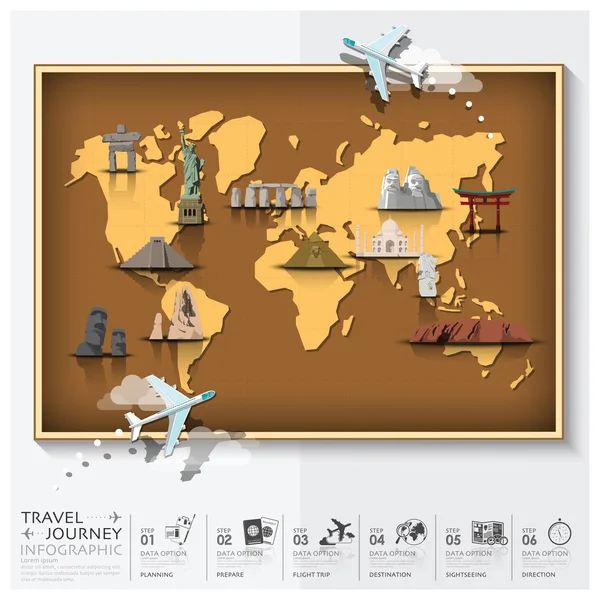 Travel And Journey World Map With Famous Landmark Infographic — Stock Vector