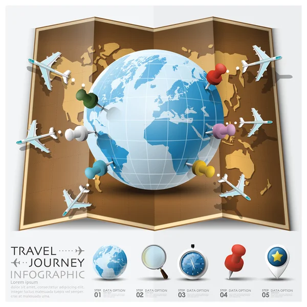 Mapa del mundo de viajes y viajes con punto de marca Diag ruta del avión — Vector de stock