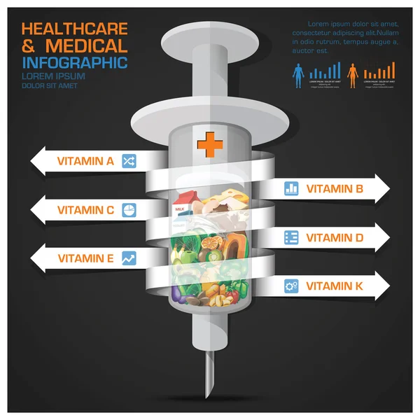 Gesundheitswesen und medizinische Vitaminspritze mit Spiralpfeil — Stockvektor