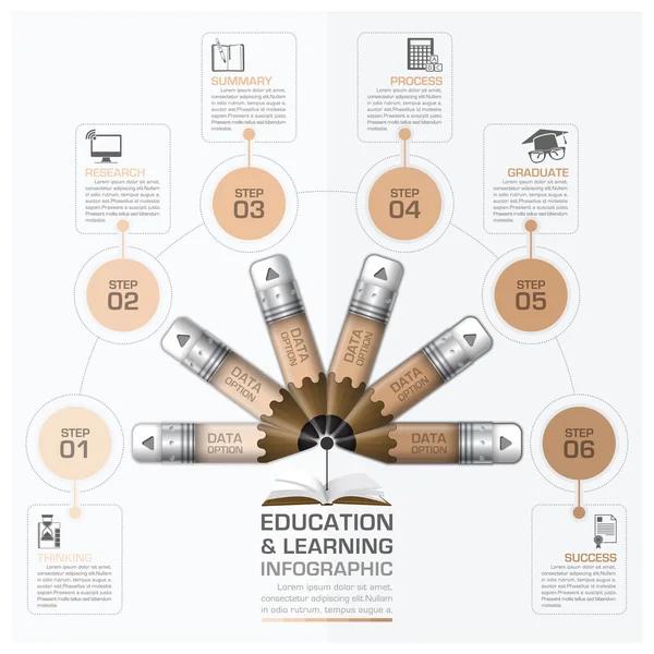 Infografía del paso de la educación y del aprendizaje con el diagnóstico rotatorio del lápiz — Vector de stock