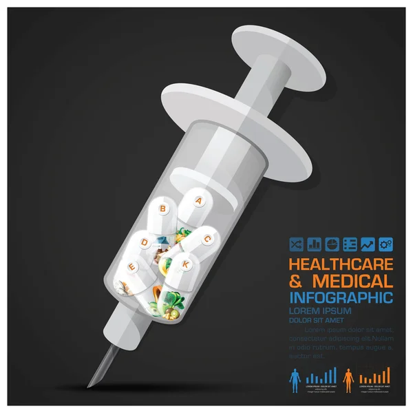 Gesundheitswesen und medizinische Vitaminpille Kapsel mit Spritze infogra lizenzfreie Stockillustrationen