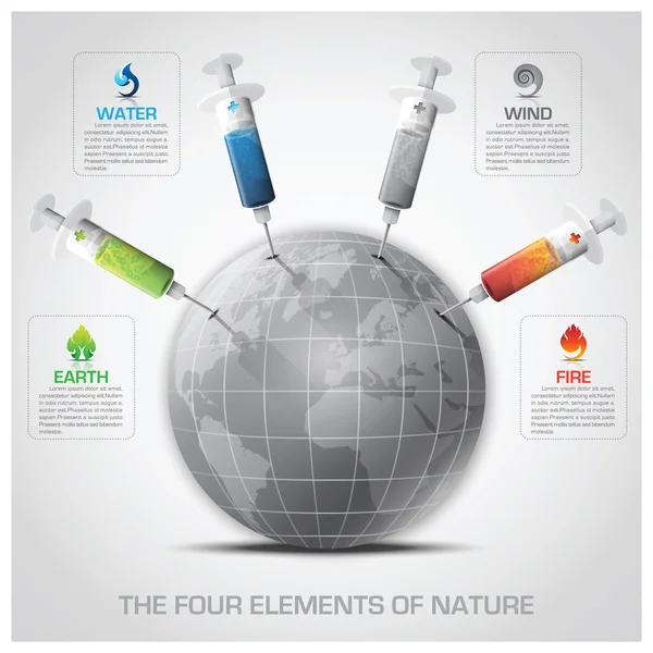 Infográfico de Ecologia e Meio Ambiente com Seringa Os Quatro Elementos — Vetor de Stock