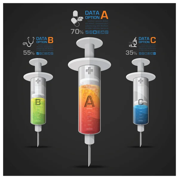 Sanità e Medicina con Illustrazione Siringa Infografica — Vettoriale Stock