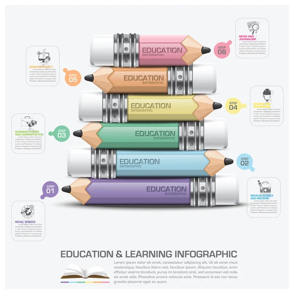 Edukacja i nauka Infographic przedmiotem ołówkiem krok Diagra — Wektor stockowy