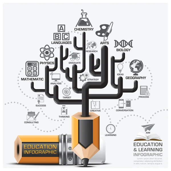 Istruzione e apprendimento Fase infografica con albero matita piombo Su — Vettoriale Stock