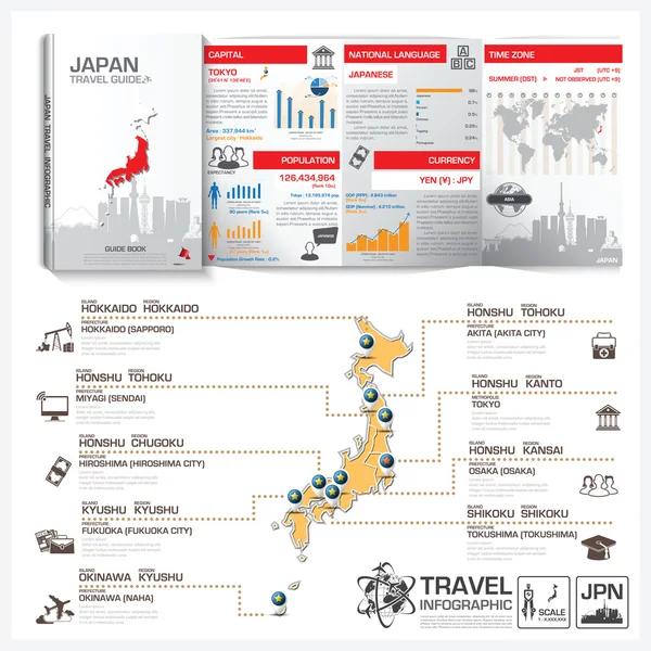 Japan Travel Guide bok Business Infographic med karta — Stock vektor