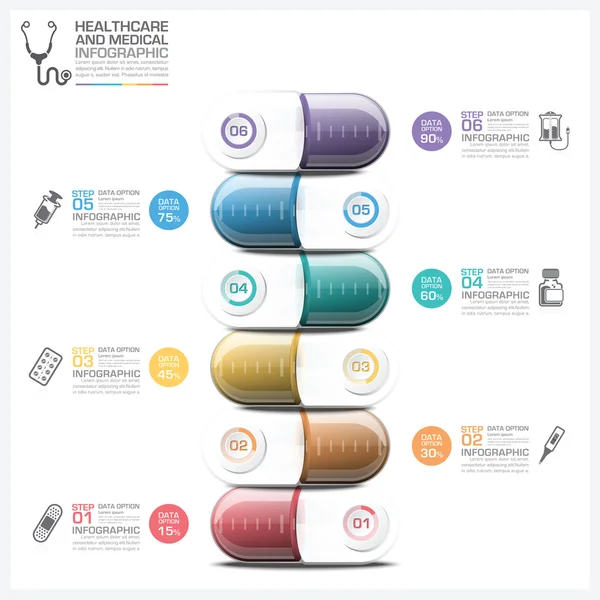 Soins de santé et Infographie médicale avec pilule Capsule étape Diagra — Image vectorielle