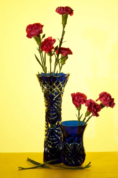 Modrá váza s červenými květy na žlutém pozadí — Stock fotografie