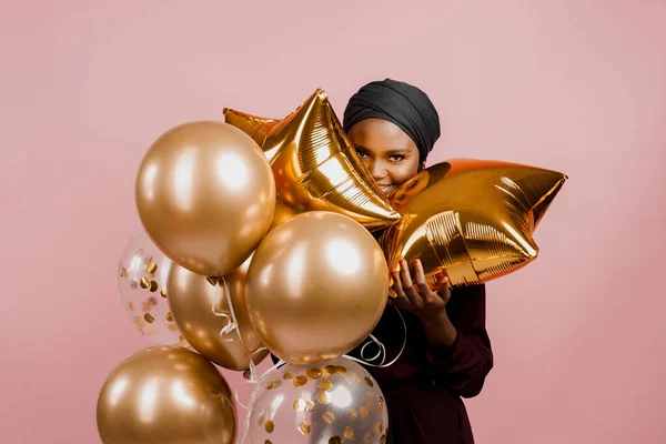 Black Girl Golden Ballons Smiles Have Party Isolated Blank Pink — Stock Photo, Image