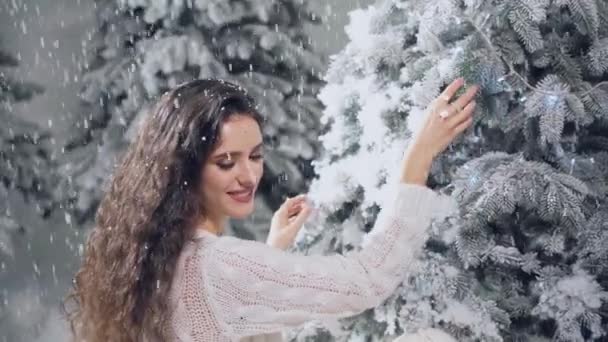 Jolie fille avec arbre de Noël. Une jeune femme touche au sapin de Noël. Fête d'hiver — Video