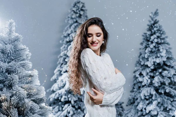 New Year Celebration Attractive Girl Close Falling Snow Young Woman — Stock Photo, Image