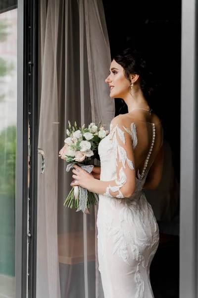 Bride Wedding Dress Bridal Veil Cafe Advert Social Networks Wedding — Stock Photo, Image