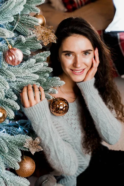 Portrait Girl Christmas Tree Close New Year Celebration Waiting Gifts — Stock Photo, Image