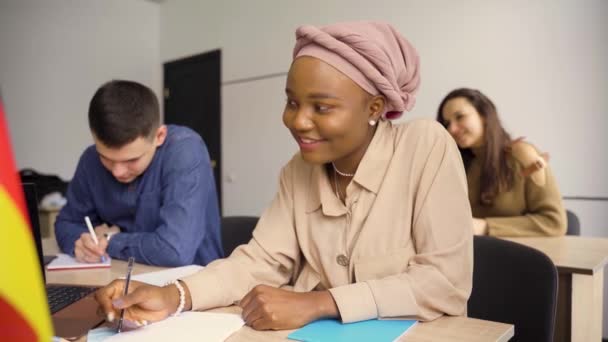 Escuela extranjera estudio privado con una chica de la escuela. Profesor explicar la gramática de la lengua materna utilizando el ordenador portátil. Preapareciendo para el examen con el tutor. Banderas inglesas, británicas, alemanas y polacas al frente. — Vídeo de stock