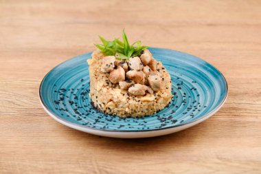 Çin usulü kızarmış pilav, üstünde chiken ve taze soğan.