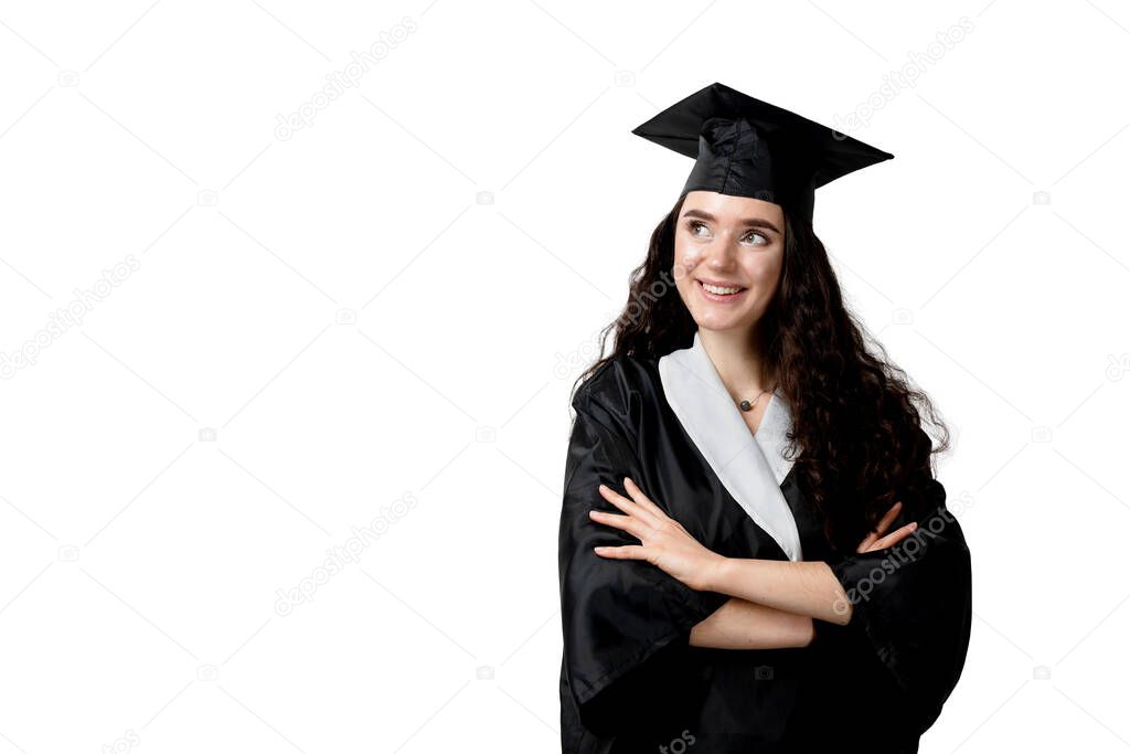 Graduate girl with master degree in black graduation gown and cap on white background. Happy young woman careerist have success in her business.