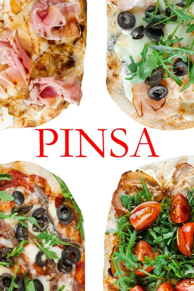 Beyaz arka planda Pinsa romana İtalyan mutfağı. Scrocchiarella geleneksel yemeği. Pizzacıdan yemek teslimatı. Pinsa, et, roka, zeytin, peynir..