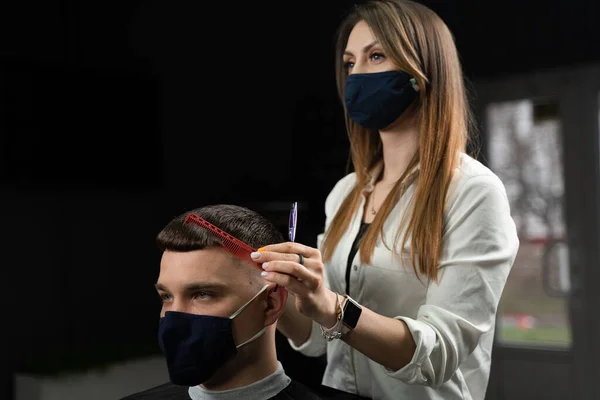 Barbershop Service Coronavirus Covid Period Woman Barber Making Hair Handsome — Stock Photo, Image