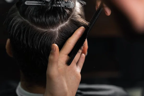 Barber Making Hairstyle Confident Bearded Hipster Advertising Barbershop Men Beauty — Stock Photo, Image