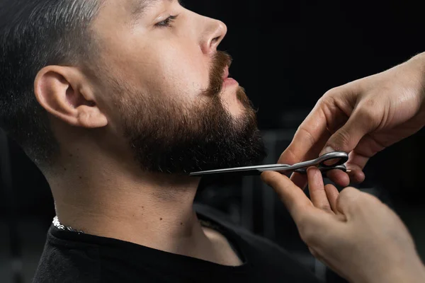 Barba Corte Cabelo Com Tesoura Para Cavalheiro Uma Barbearia Moderna — Fotografia de Stock