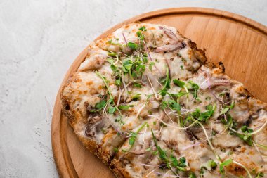 Ahtapot deniz ürünleri, peynir ve mikroyeşille Pinsa Romana. İtalyan gurme mutfağı. Scrocchiarella