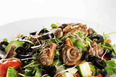 Salyangoz, zeytin, domatesli kiraz, salatalık, beyaz arka planda yeşiller.