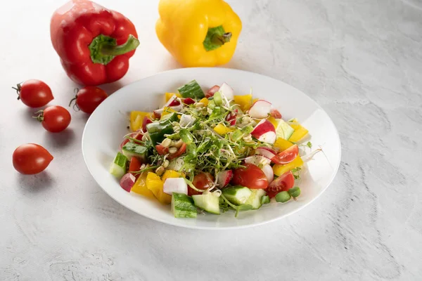 Wheat Germ Salad Tomatoes Peppers Radish Cucumber Olive Oil Vegetable — Stock Photo, Image