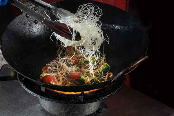 Funchoza Flambe Rice Noodles Vegetables Cooking Fire Wok Pan Street Royalty Free Stock Images