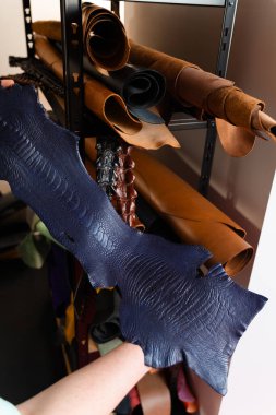 Leather rolls in multiple tones fill the shelves, offering a range of textures and finishes suited for artisan crafts and bespoke leather goods. Exotic Leather Material Storage