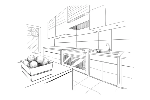 Croquis intérieur de cuisine moderne avec îlot . — Image vectorielle