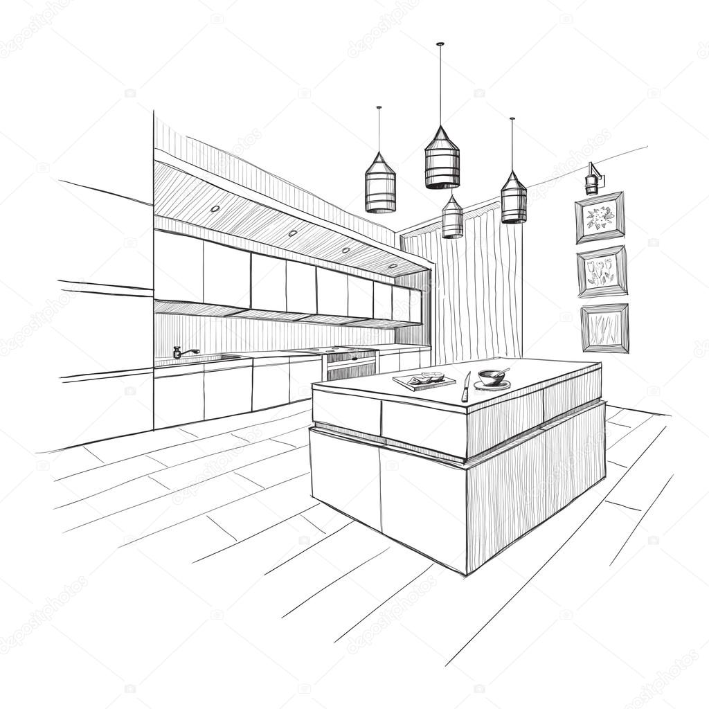 Desenho Interior Da Cozinha Moderna Com Ilha Vetor De Stock Desenho Interior Da Cozinha Moderna Com Ilha Vetor De Stock