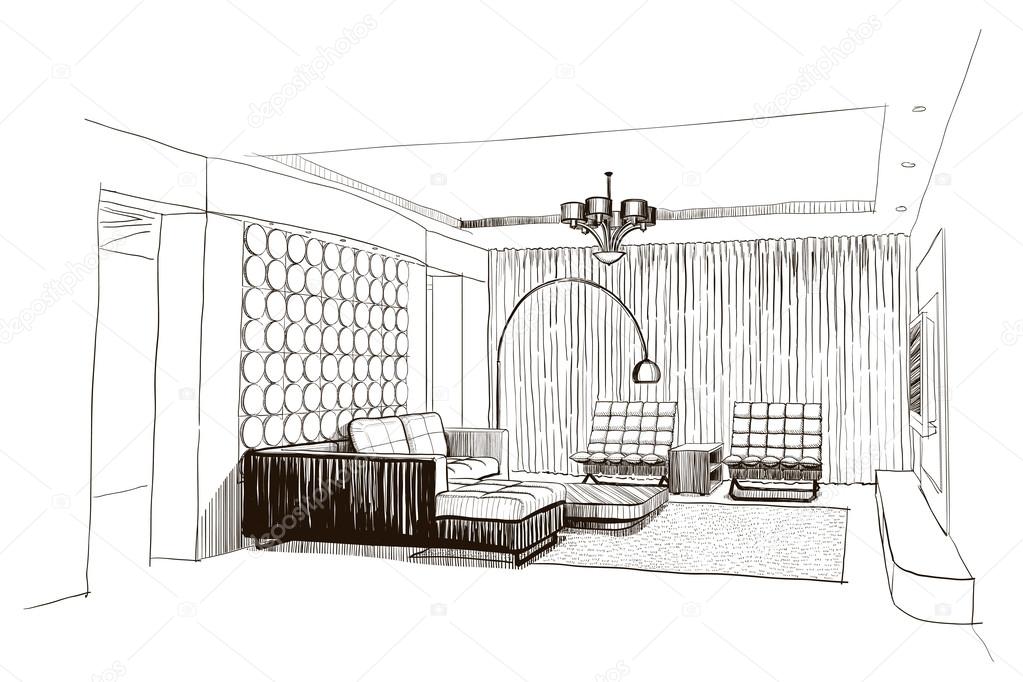 Living room interior sketch.